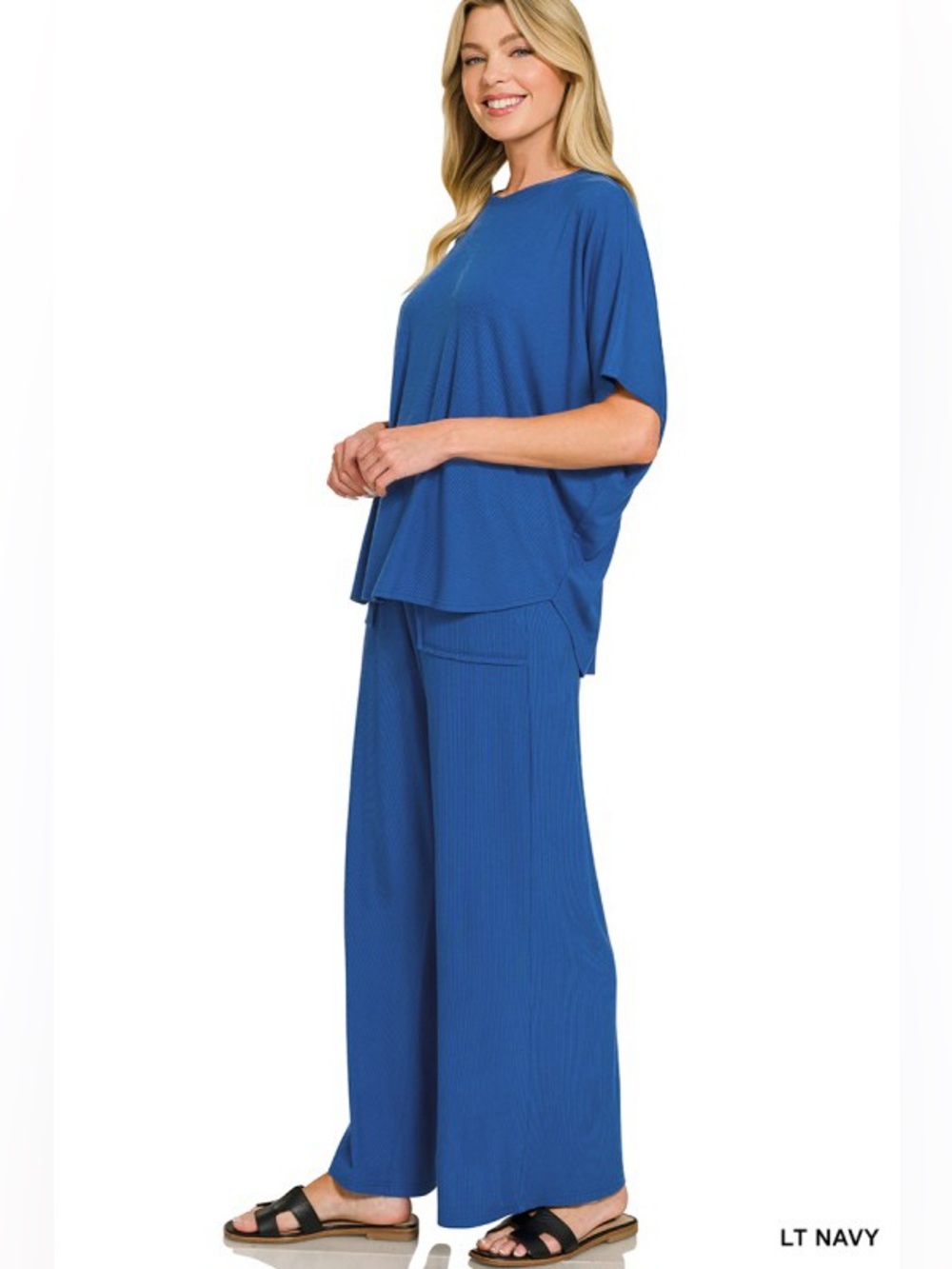 Zenana Light Navy Ribbed Rayon Relaxed Fit Top and Pants Set